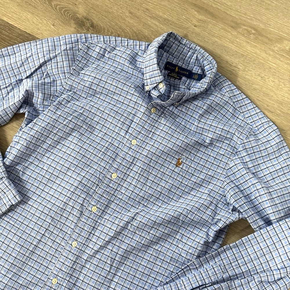 Ralph Lauren Slim Fit Stretch Oxford Blue Plaid Flesh Pony Shirt Men's Size L